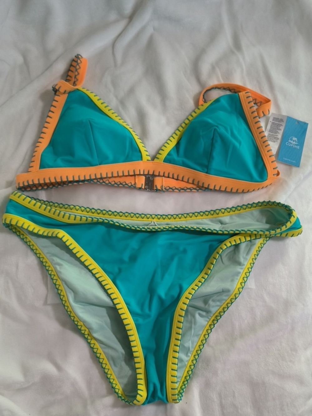 Cupshe Teal Bikini with Orange and Yellow Trim